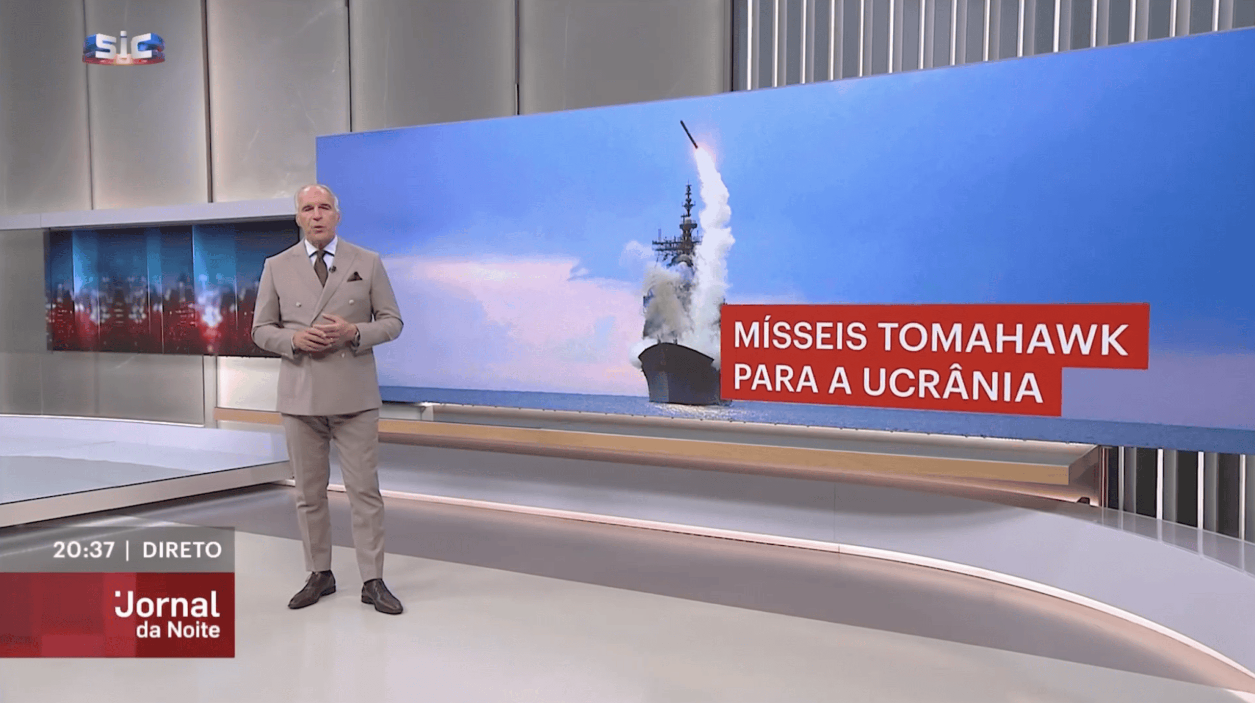 TV news segment on Tomahawk missiles for Ukraine at NATO HQ Brussels.