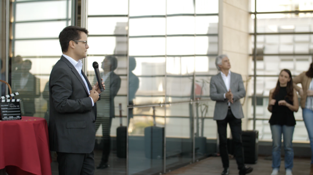 On-stage interview at a corporate event in Brussels