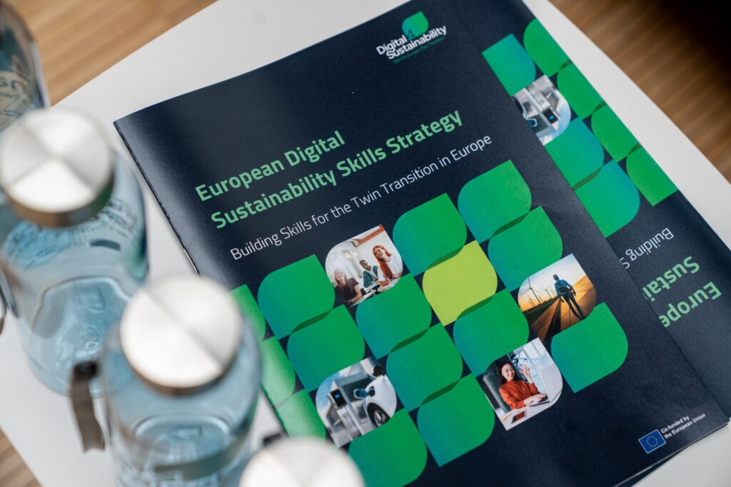 European Digital Sustainability Skills Strategy booklet and branded bottles